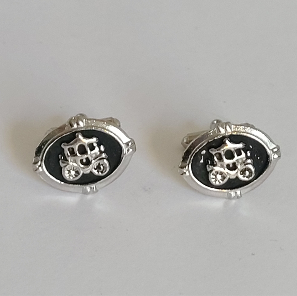 Vintage Men's Silver Tone Black Enamel Horse Carriage Royalty Luxury Cufflinks